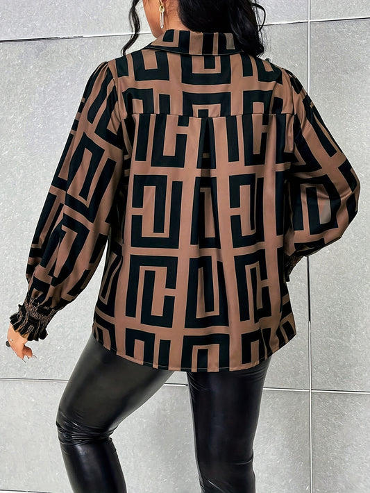 Plus Size Geo Print Button Front Shirt, Elegant Long Sleeve Shirt For Spring, Women's Plus Size Clothing
