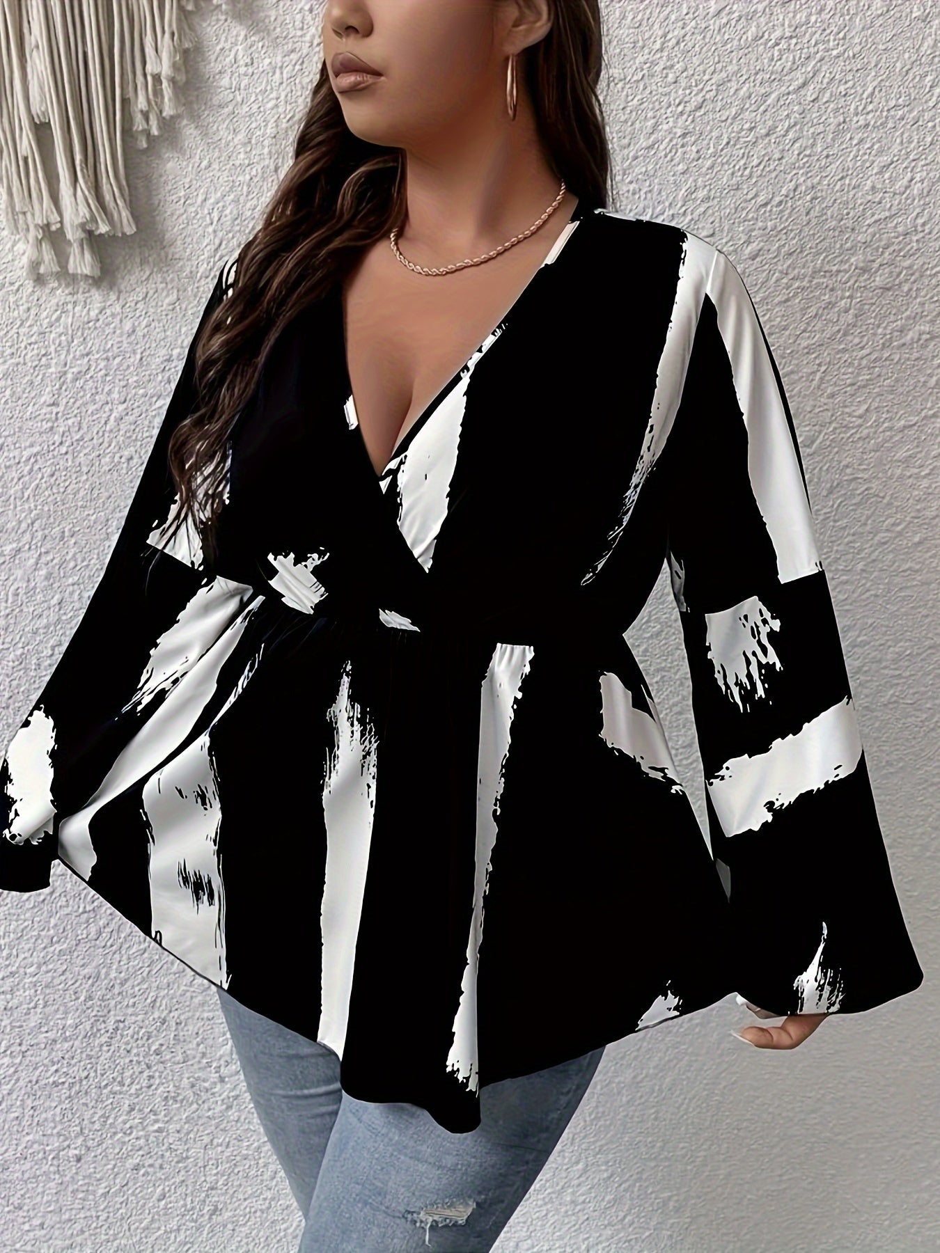 Plus Size Graffiti Print Blouse, Elegant V Neck Flare Sleeve Blouse For Spring, Women's Plus Size Clothing