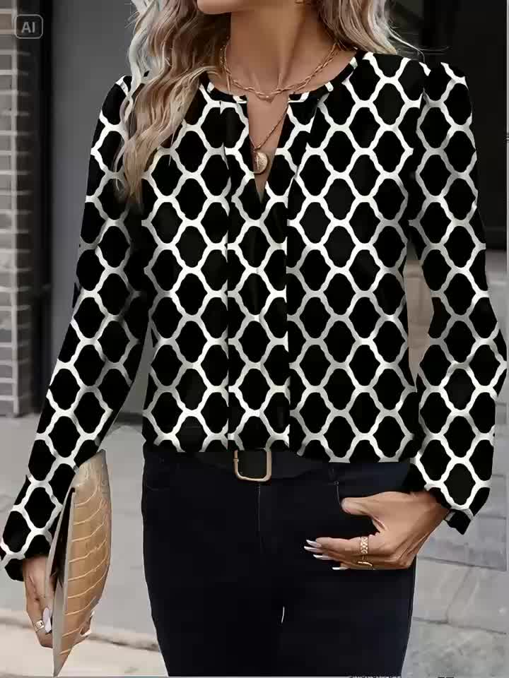 Women'S Elegant Geometric Print Long Sleeve V-Neck Blouse with Ruched Detail - Casual Button-Up Shirt for All Seasons, Casual Attire|Geometric Pattern Top|Nonstretch Fabric