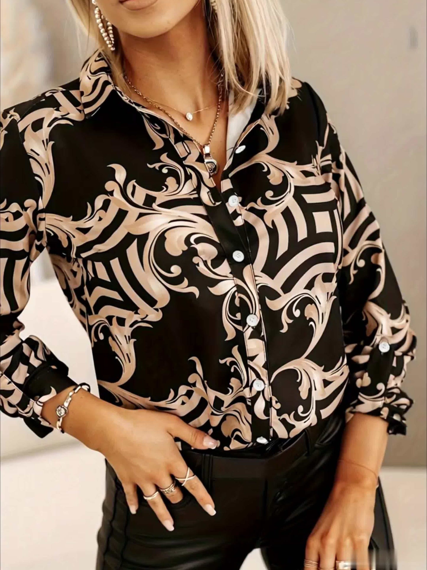 Plus Size Women's Elegant Baroque Geometric Print Long Sleeve Blouse - Loose Fit V-Neck Single-Breasted Shirt, Machine Washable Digital Print Top for Office, Vacation & Holidays, Buttoned Long Sleeves