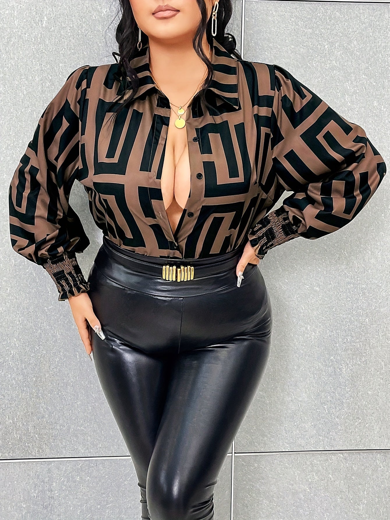 Plus Size Geo Print Button Front Shirt, Elegant Long Sleeve Shirt For Spring, Women's Plus Size Clothing