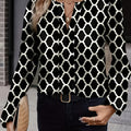 Women'S Elegant Geometric Print Long Sleeve V-Neck Blouse with Ruched Detail - Casual Button-Up Shirt for All Seasons, Casual Attire|Geometric Pattern Top|Nonstretch Fabric