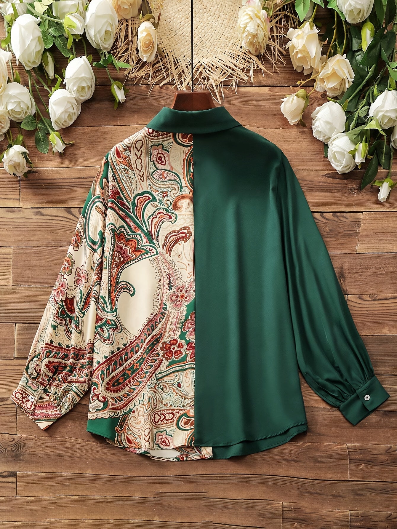 Elegant Plus Size Women's Blouse with Unique Paisley Print - Long Sleeve, Button-Up, Non-Stretch Polyester - Machine Washable