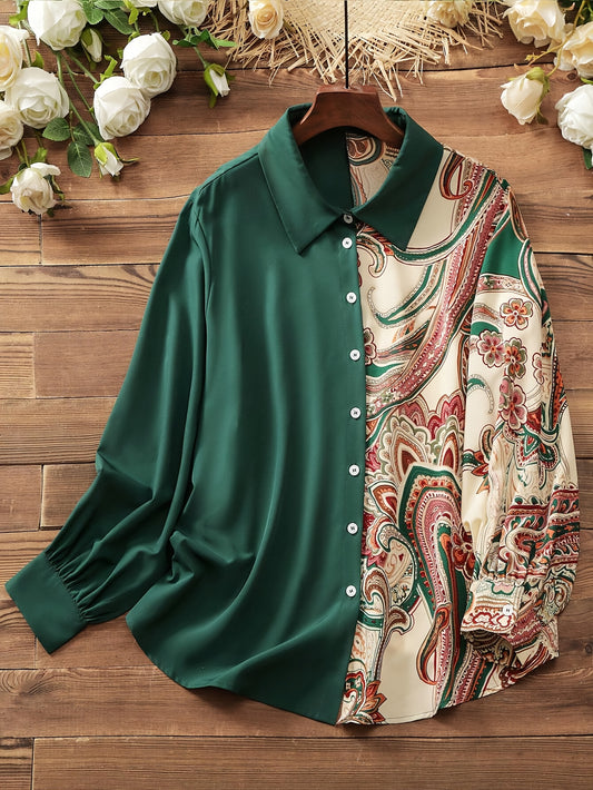 Elegant Plus Size Women's Blouse with Unique Paisley Print - Long Sleeve, Button-Up, Non-Stretch Polyester - Machine Washable