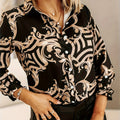 Plus Size Women's Elegant Baroque Geometric Print Long Sleeve Blouse - Loose Fit V-Neck Single-Breasted Shirt, Machine Washable Digital Print Top for Office, Vacation & Holidays, Buttoned Long Sleeves