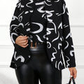 Print Plus-Size Women's Top with Stand Collar and Chic Abstract Print - Loose Fit, Long Sleeve, Machine Washable - Black & White, Plus Size Blouse