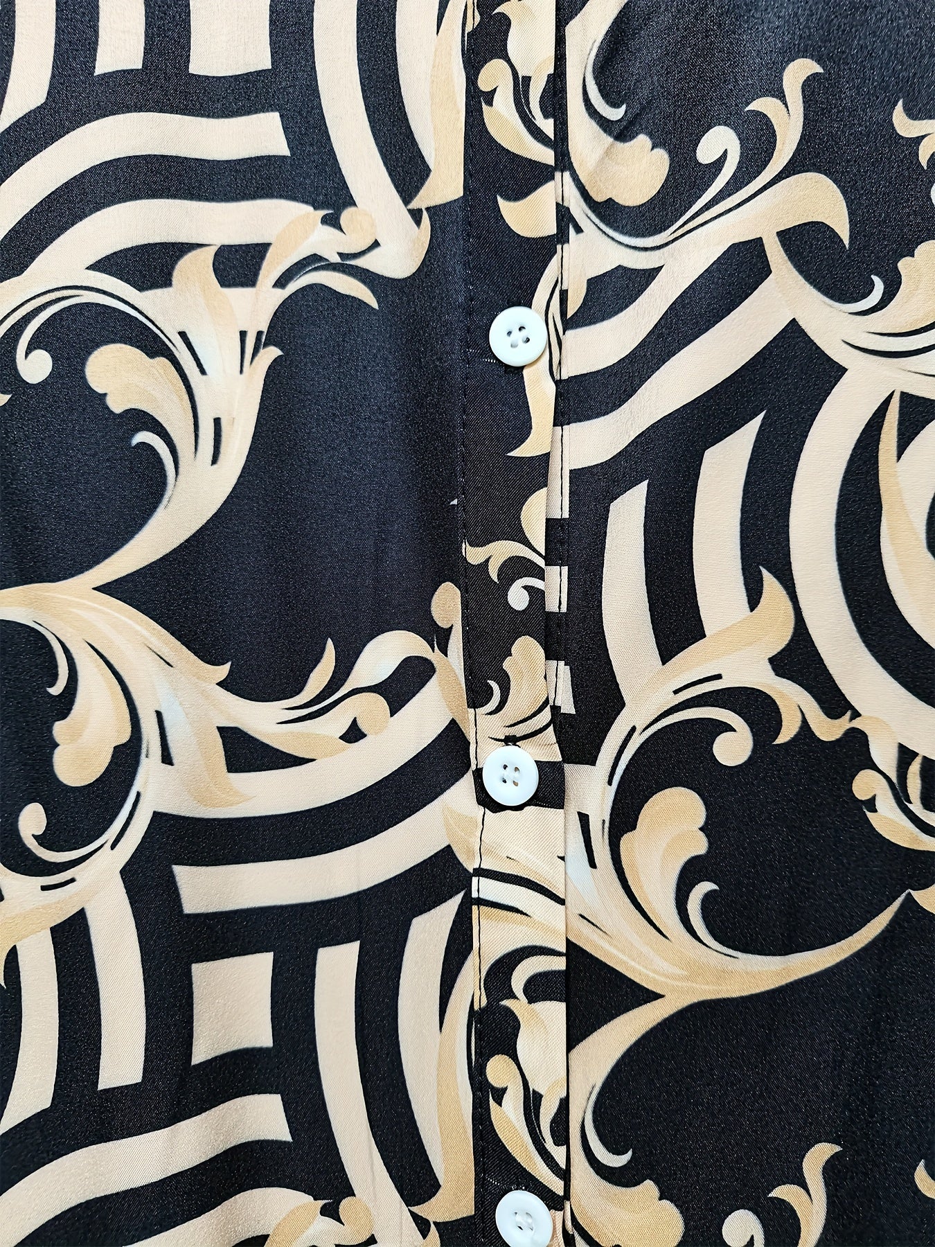 Plus Size Women's Elegant Baroque Geometric Print Long Sleeve Blouse - Loose Fit V-Neck Single-Breasted Shirt, Machine Washable Digital Print Top for Office, Vacation & Holidays, Buttoned Long Sleeves