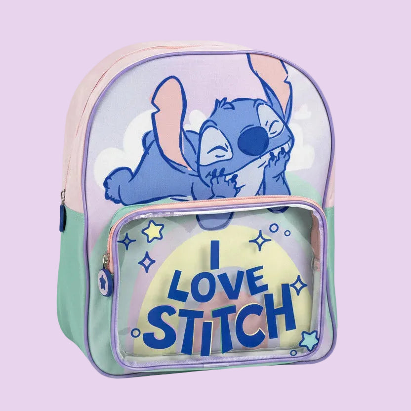Sac à dos Disney Stitch original, motif arc-en-ciel et poche transparente