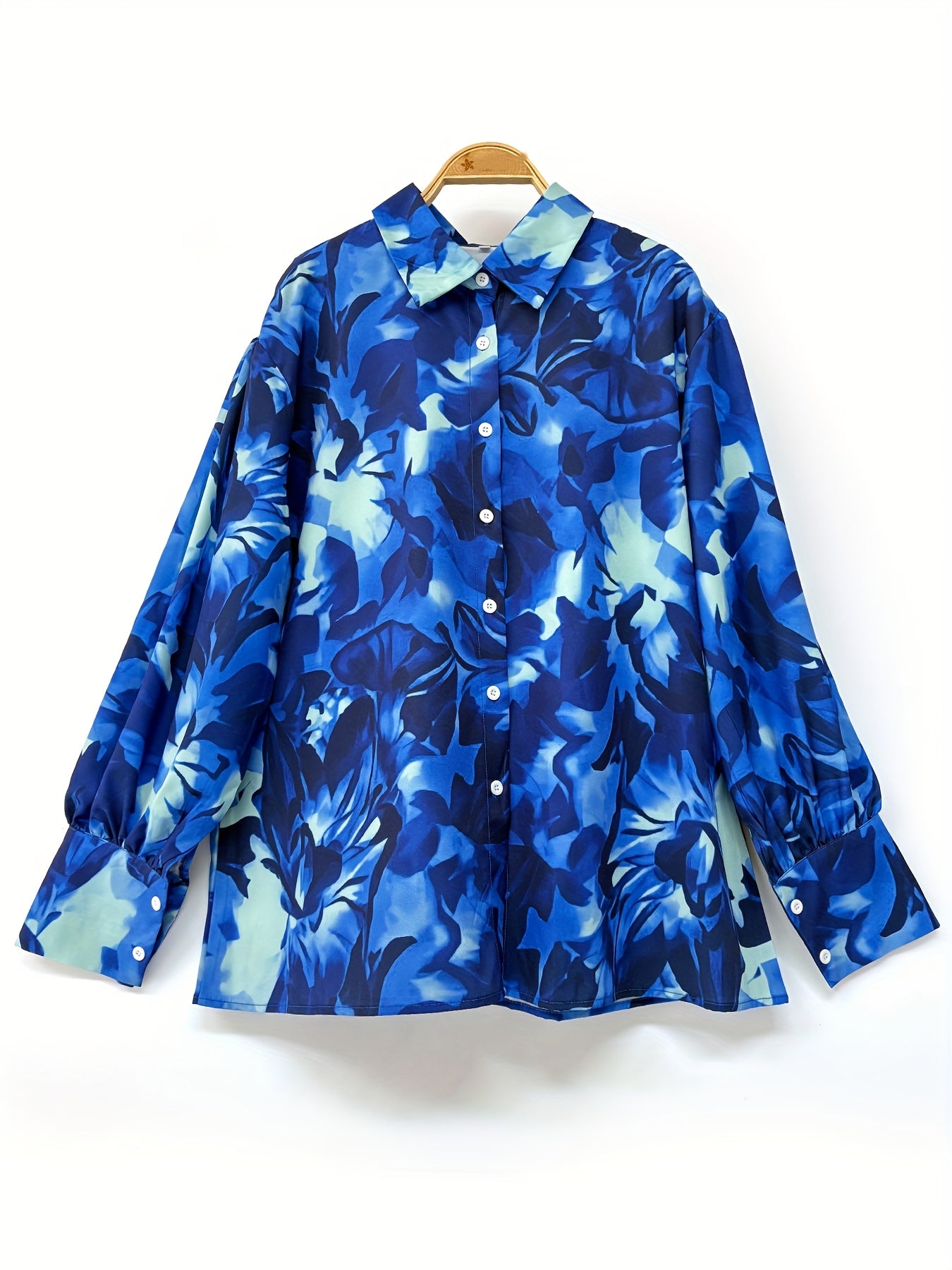 Print Women's Plus Size Blouse - Long Sleeve Button-Up Shirt with Lapel Collar, Casual & Travel-Ready for Spring/Summer, Vacation Clothing | Smooth Texture Fabric