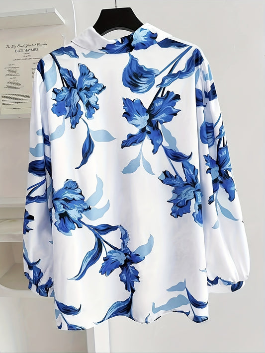 Elegant Floral Long Sleeve Blouse for Women - Chic Button-Up with Tie Waist, 100% Polyester & Spandex, Non-Stretch, Opaque Fabric, Random Blue Flower Pattern, All-Season Wear