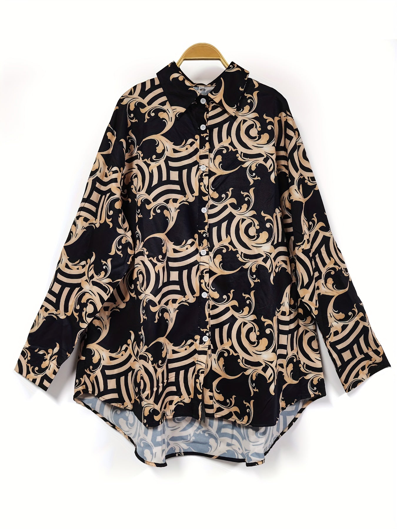 Plus Size Women's Elegant Baroque Geometric Print Long Sleeve Blouse - Loose Fit V-Neck Single-Breasted Shirt, Machine Washable Digital Print Top for Office, Vacation & Holidays, Buttoned Long Sleeves