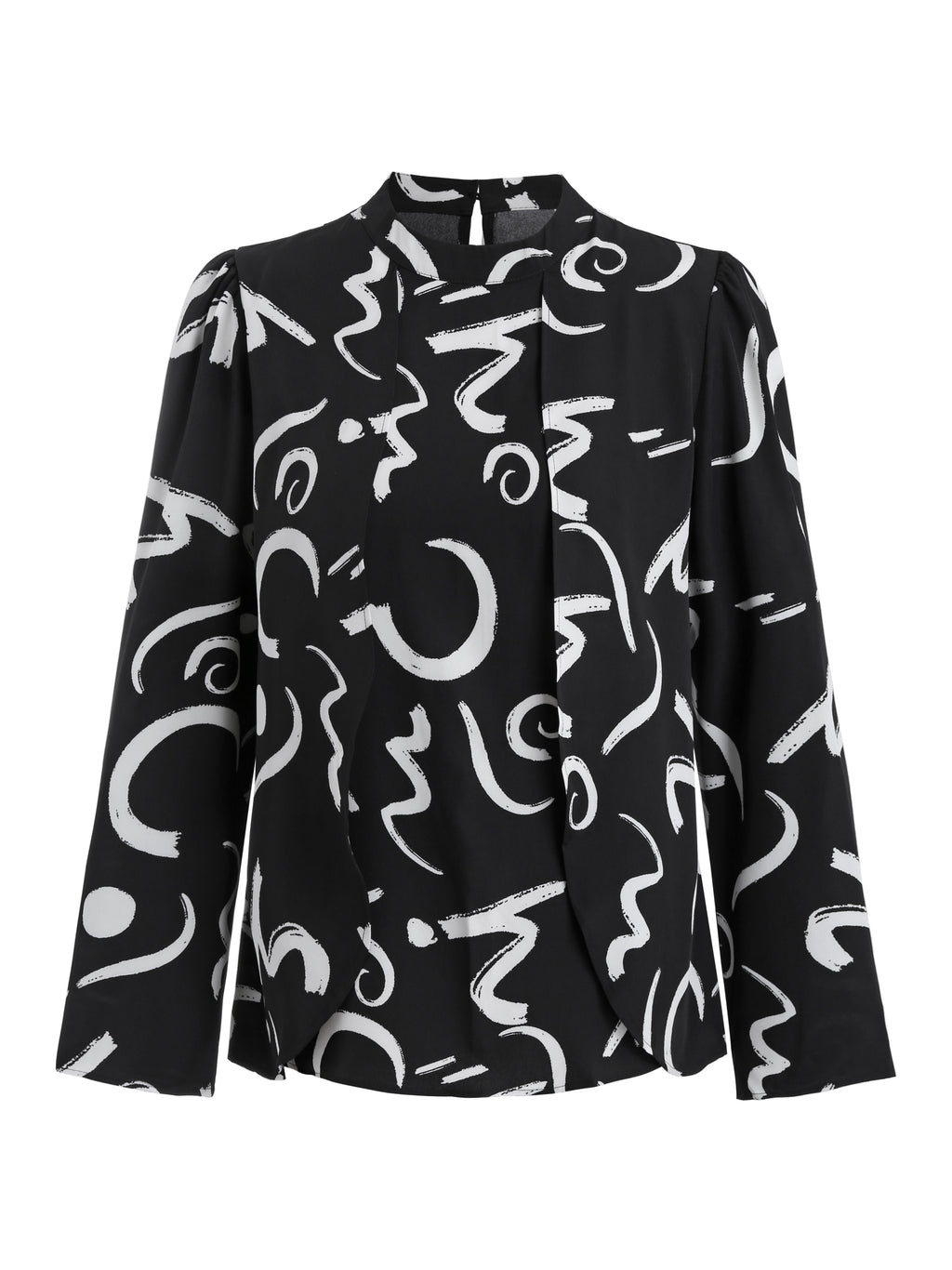 Print Plus-Size Women's Top with Stand Collar and Chic Abstract Print - Loose Fit, Long Sleeve, Machine Washable - Black & White, Plus Size Blouse