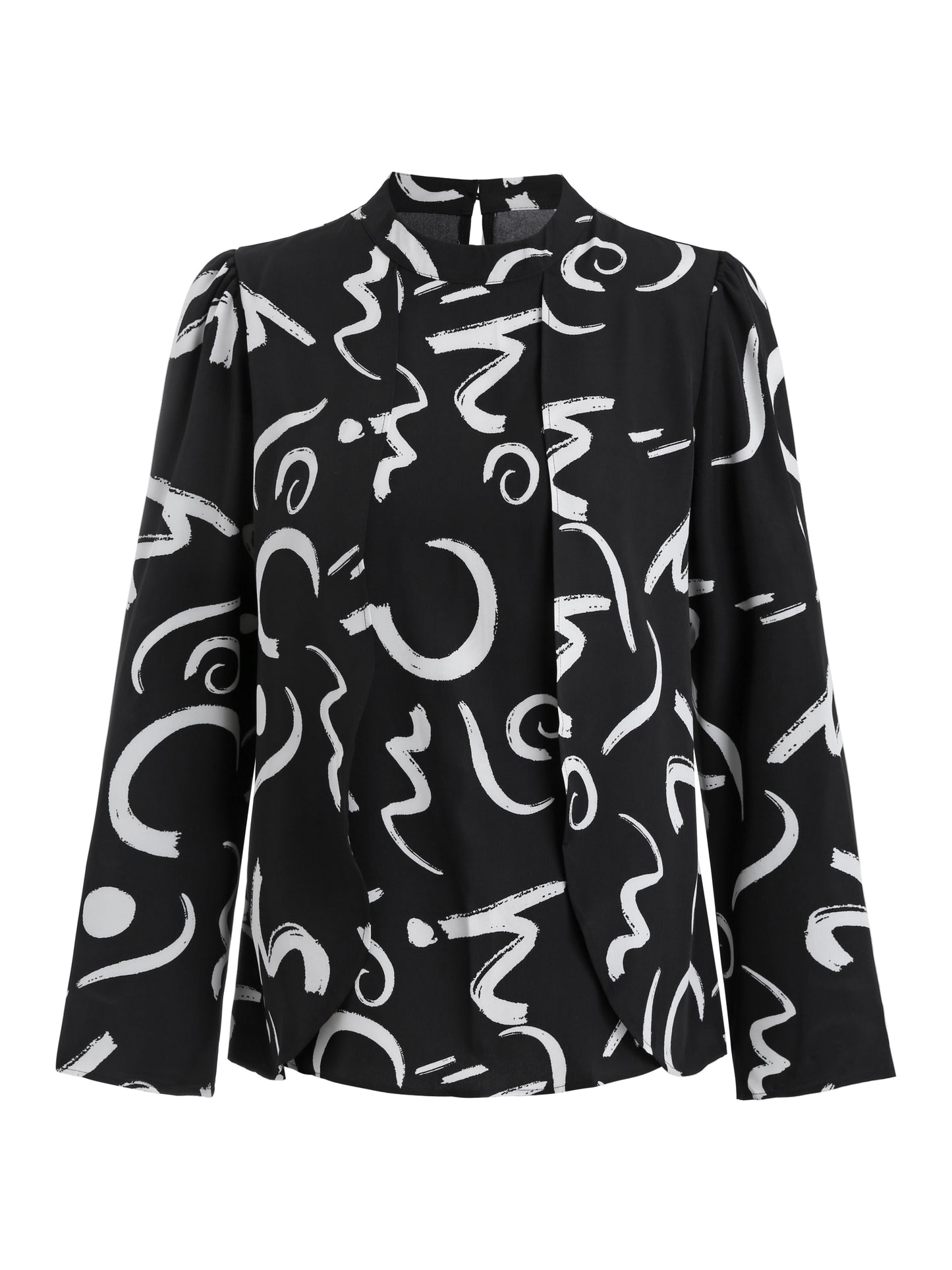 Print Plus-Size Women's Top with Stand Collar and Chic Abstract Print - Loose Fit, Long Sleeve, Machine Washable - Black & White, Plus Size Blouse