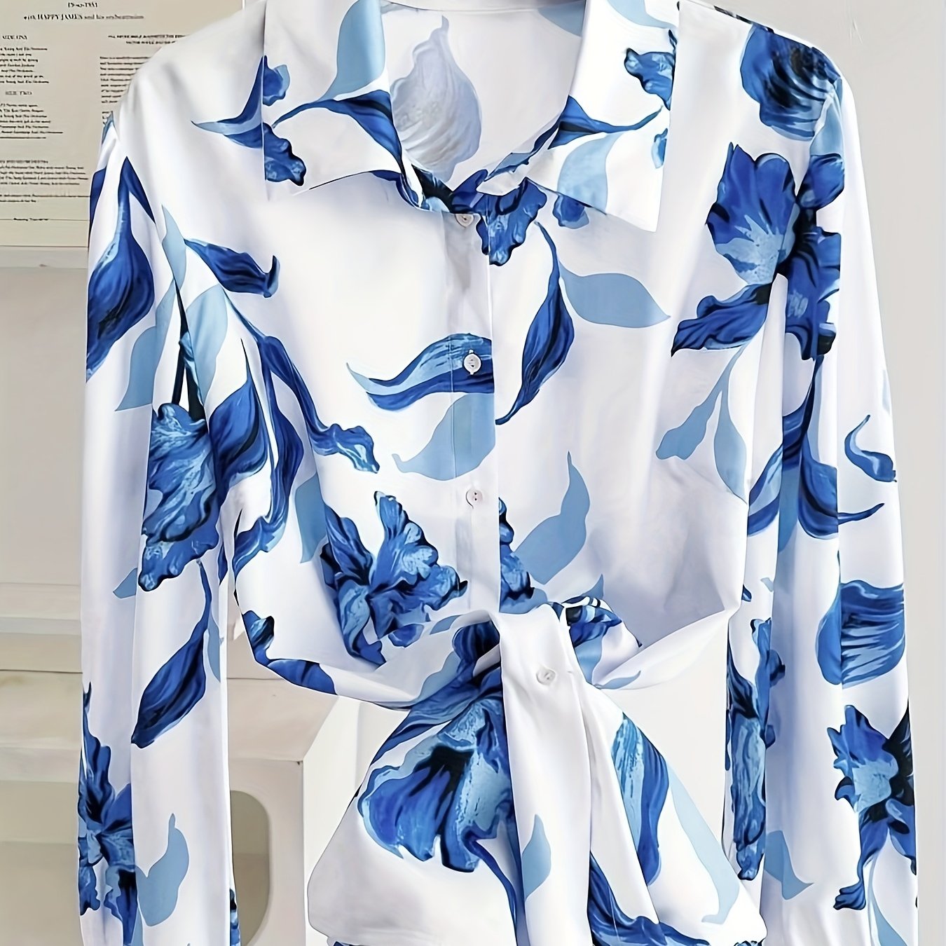 Elegant Floral Long Sleeve Blouse for Women - Chic Button-Up with Tie Waist, 100% Polyester & Spandex, Non-Stretch, Opaque Fabric, Random Blue Flower Pattern, All-Season Wear