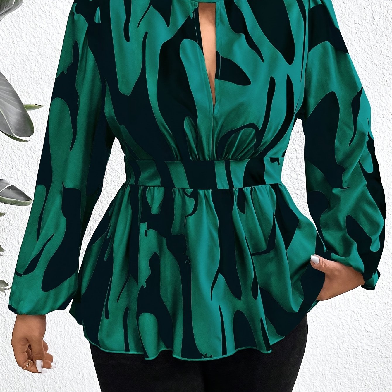 CS8378 Women's Elegant Geometric Camouflage Print Blouse - Sleeve Ruffled Neckline & Puffed Shoulders, Machine Washable Non-Stretch Top for Spring Summer Fall, Office &  Casual Wear, Neck Decoration for Blouse, Smooth Texture