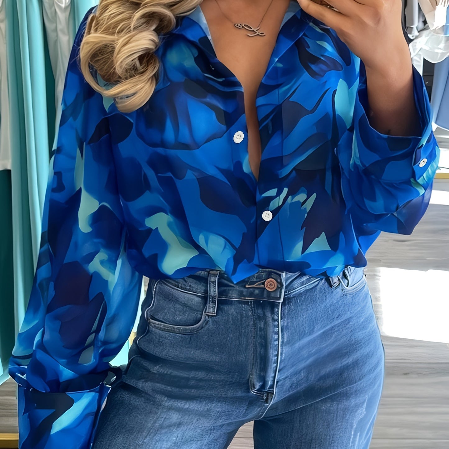 Print Women's Plus Size Blouse - Long Sleeve Button-Up Shirt with Lapel Collar, Casual & Travel-Ready for Spring/Summer, Vacation Clothing | Smooth Texture Fabric