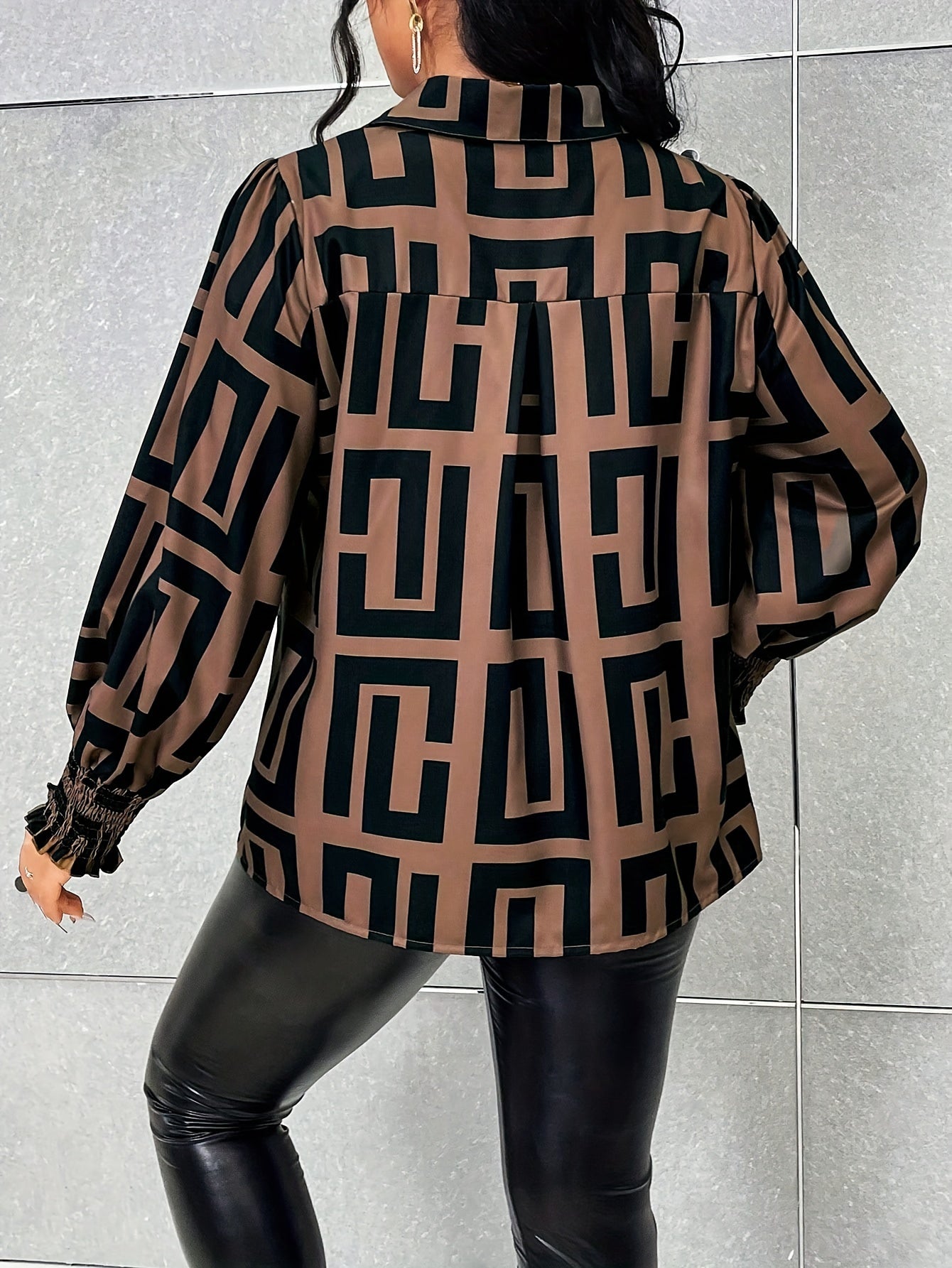 Plus Size Geo Print Button Front Shirt, Elegant Long Sleeve Shirt For Spring, Women's Plus Size Clothing