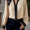 🤎 Blouse Élégante Grande Taille pour Femme – Col Rond à Finition Contrastée, Marron et Noir