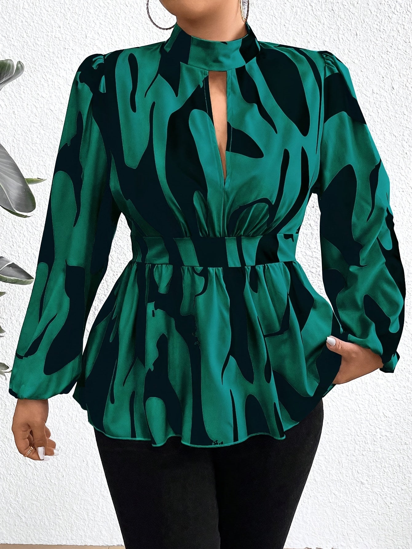 CS8378 Women's Elegant Geometric Camouflage Print Blouse - Sleeve Ruffled Neckline & Puffed Shoulders, Machine Washable Non-Stretch Top for Spring Summer Fall, Office &  Casual Wear, Neck Decoration for Blouse, Smooth Texture