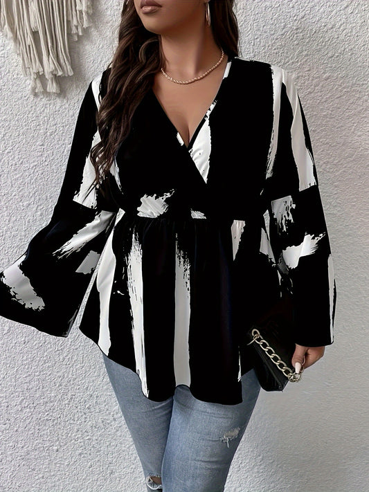 Plus Size Graffiti Print Blouse, Elegant V Neck Flare Sleeve Blouse For Spring, Women's Plus Size Clothing