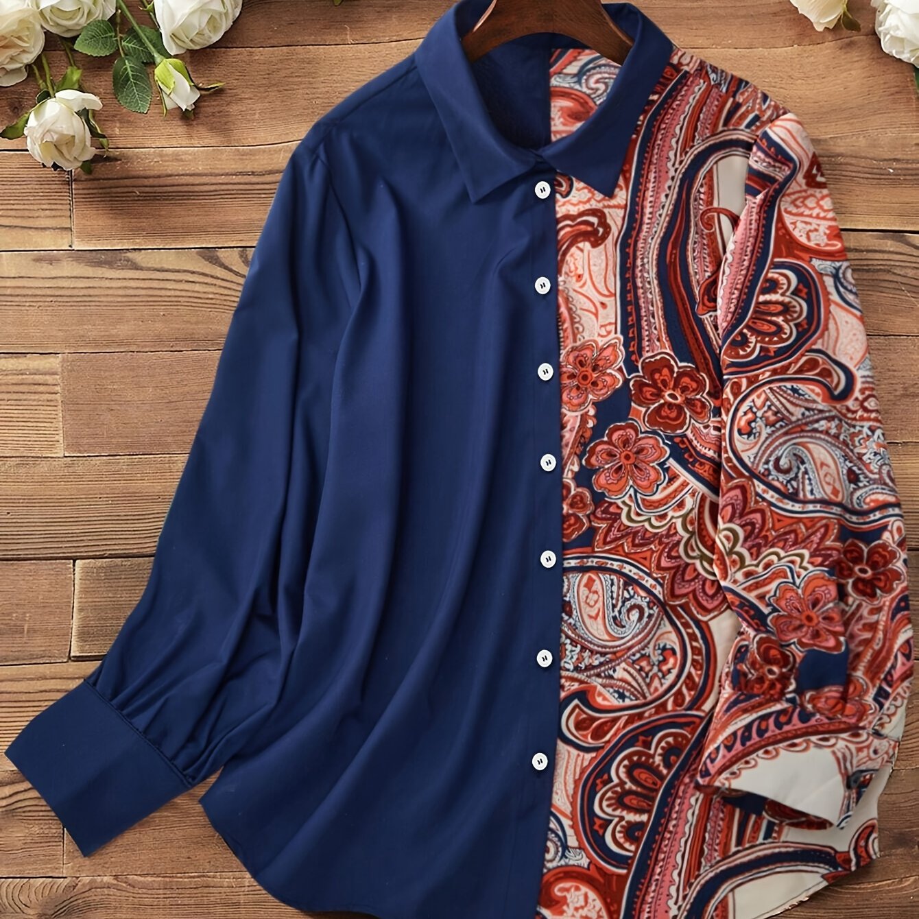 Elegant Plus Size Women's Blouse with Unique Paisley Print - Long Sleeve, Button-Up, Non-Stretch Polyester - Machine Washable