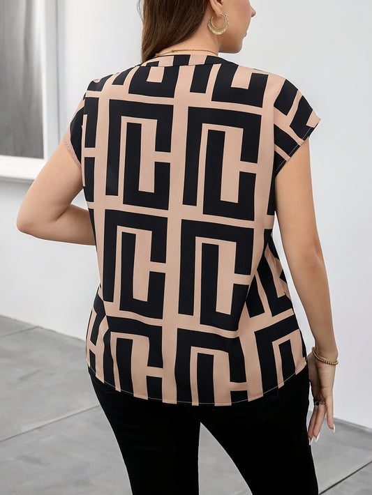 Women's Plus Size V-Neck Blouse - Geometric Print, Short Sleeve, Casual Vacation Style, Machine Washable, Black/Beige/Brownish-Golden Color Scheme, Summer Top, Elegant Casualwear, Short Sleeve Design