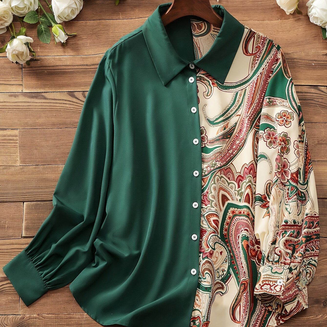 Elegant Plus Size Women's Blouse with Unique Paisley Print - Long Sleeve, Button-Up, Non-Stretch Polyester - Machine Washable