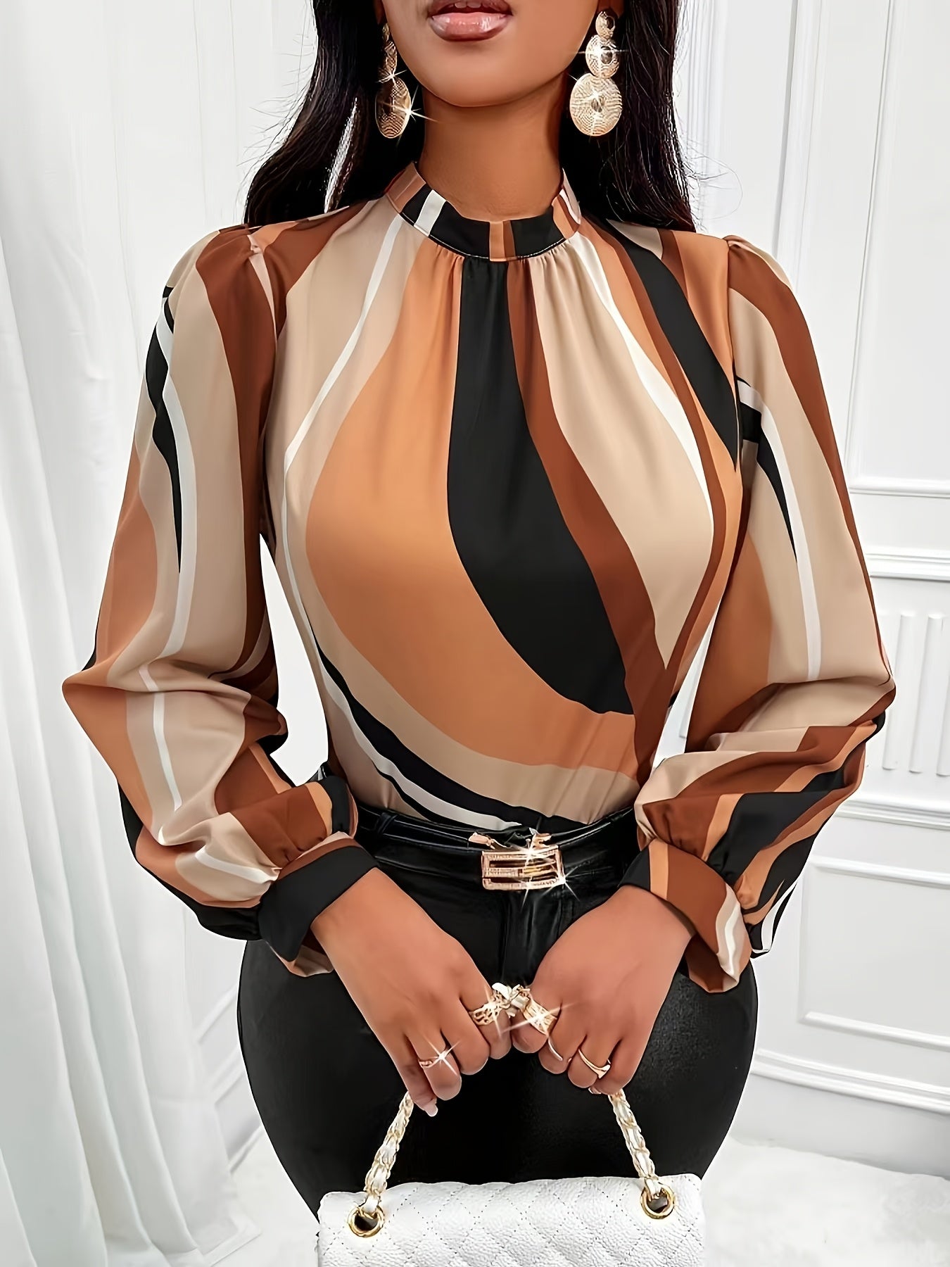 ⚜️ Blouse à Col Montant Imprimée à Rayures – Manches Lanternes Élégantes pour Femme