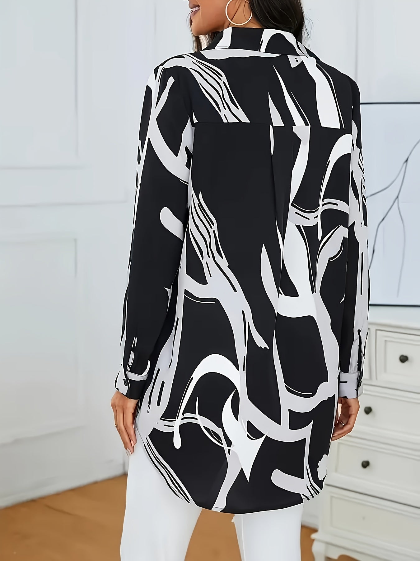 Plus Size, Women's Elegant Plus Size Long Sleeve Blouse - Black & White Abstract, Button-Front Shirt with Asymmetrical Hem, Non-Stretch Office & Casual Tops for Women (Machine Washable) - Spring/Fall/Summer Everyday & Formal