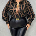 Plus Size Geo Print Button Front Shirt, Elegant Long Sleeve Shirt For Spring, Women's Plus Size Clothing