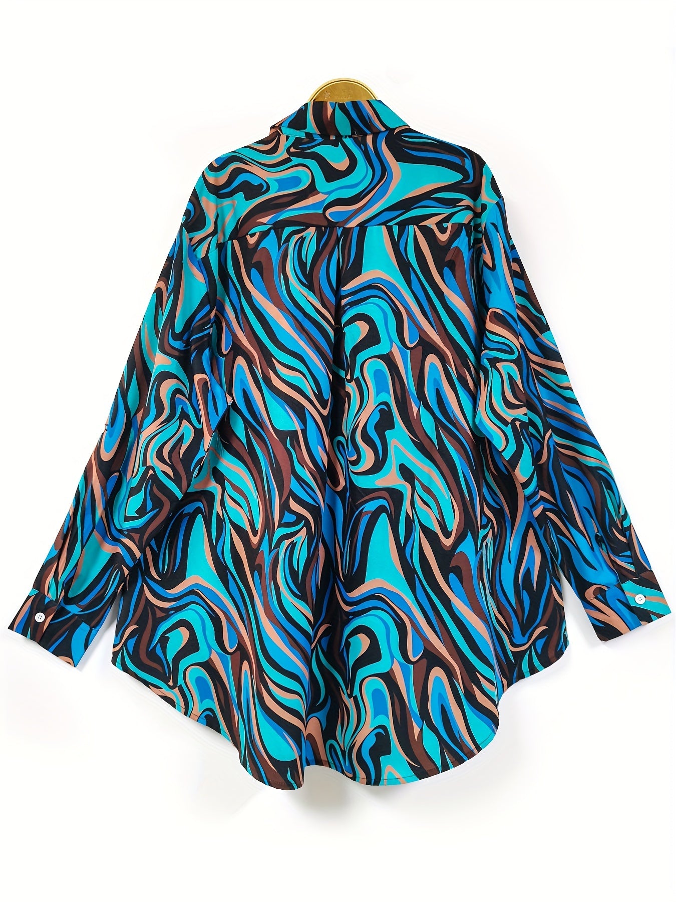 Chemisier élégant pour femme à imprimé abstrait bleu et brun – manches longues, coupe ample, polyester, tissu non extensible pour le printemps / l’automne – chemise chic à imprimé baroque numérique.