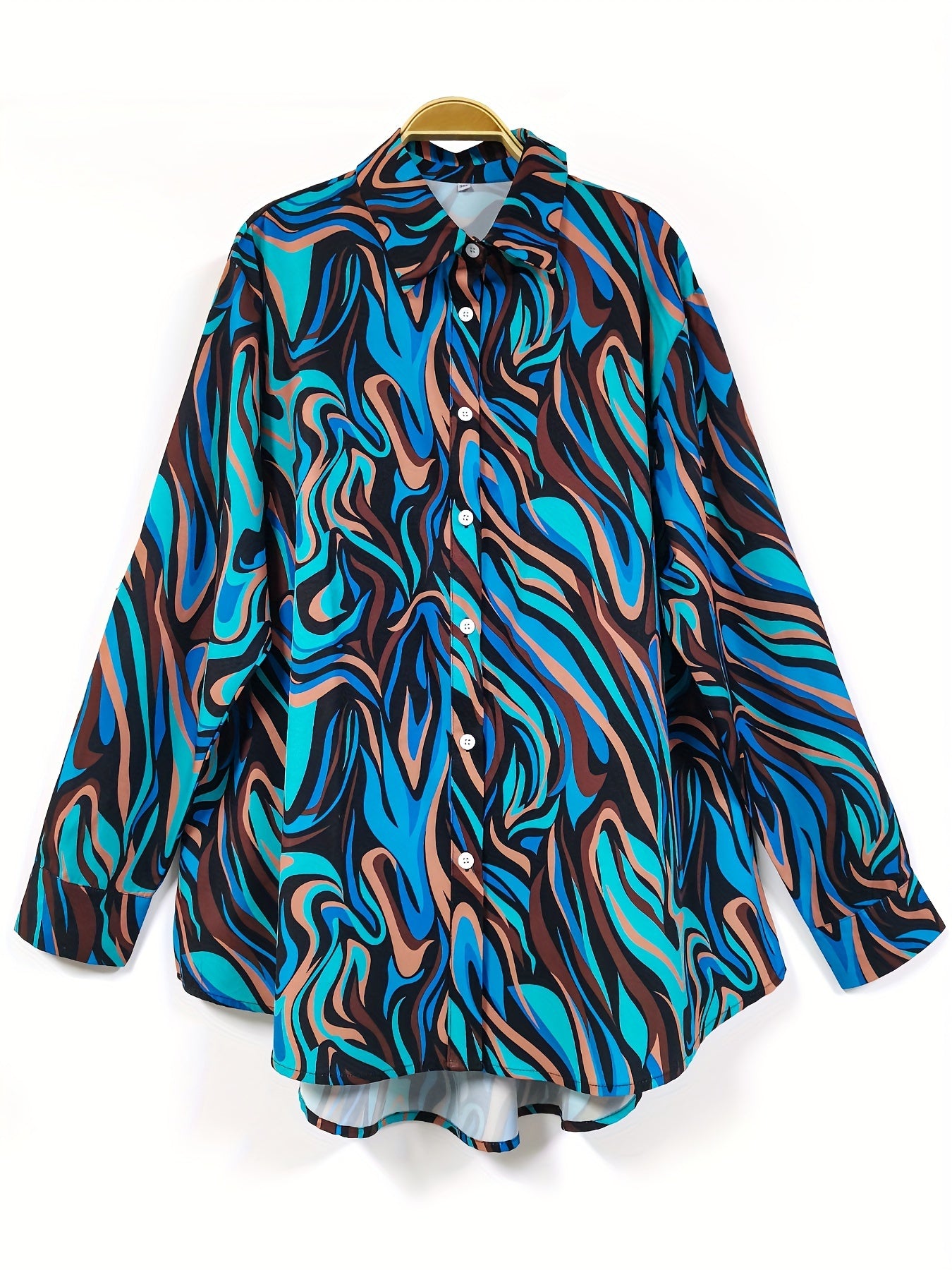 Chemisier élégant pour femme à imprimé abstrait bleu et brun – manches longues, coupe ample, polyester, tissu non extensible pour le printemps / l’automne – chemise chic à imprimé baroque numérique.