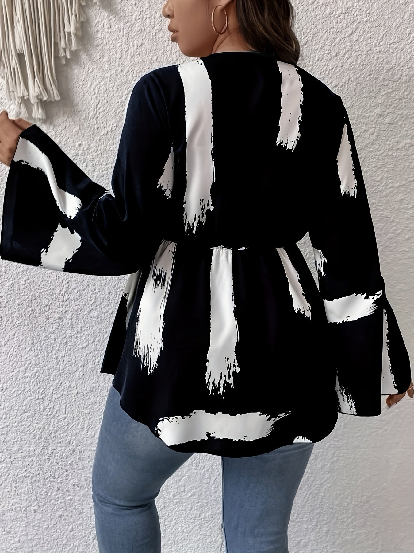 Plus Size Graffiti Print Blouse, Elegant V Neck Flare Sleeve Blouse For Spring, Women's Plus Size Clothing