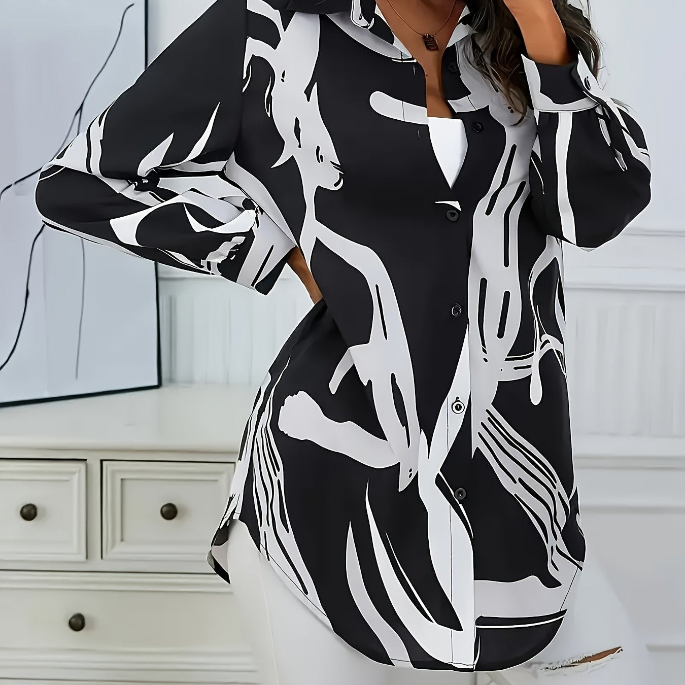 Plus Size, Women's Elegant Plus Size Long Sleeve Blouse - Black & White Abstract, Button-Front Shirt with Asymmetrical Hem, Non-Stretch Office & Casual Tops for Women (Machine Washable) - Spring/Fall/Summer Everyday & Formal