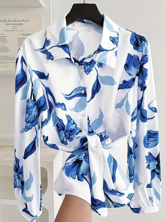 Elegant Floral Long Sleeve Blouse for Women - Chic Button-Up with Tie Waist, 100% Polyester & Spandex, Non-Stretch, Opaque Fabric, Random Blue Flower Pattern, All-Season Wear