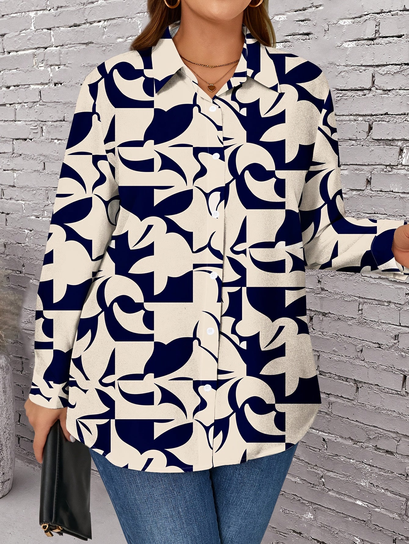 Chemise Imprimée Grande Taille – Haut Décontracté à Manches Longues et Boutons pour Femme