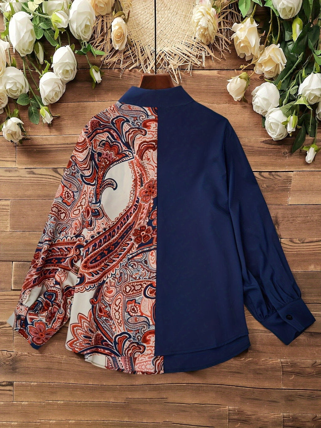 Elegant Plus Size Women's Blouse with Unique Paisley Print - Long Sleeve, Button-Up, Non-Stretch Polyester - Machine Washable