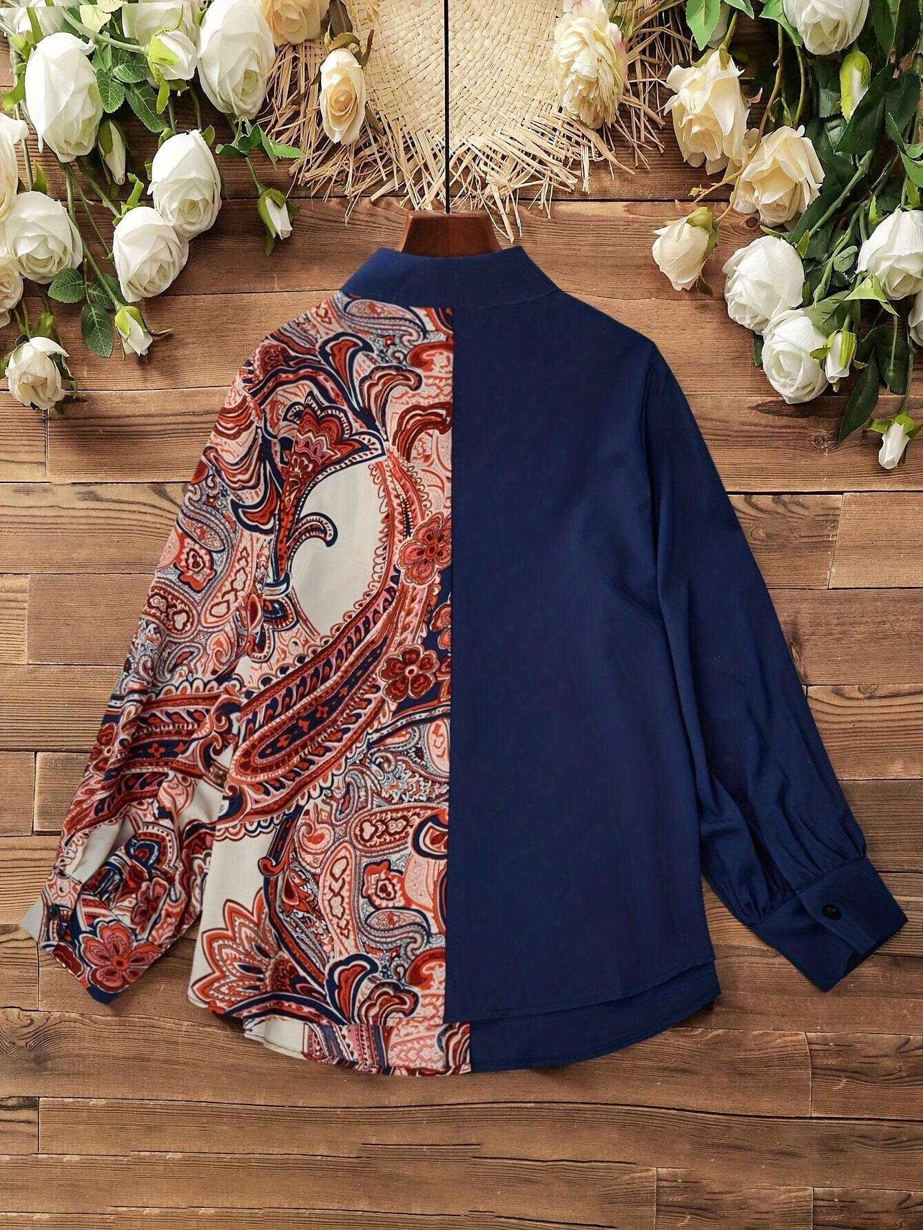 Elegant Plus Size Women's Blouse with Unique Paisley Print - Long Sleeve, Button-Up, Non-Stretch Polyester - Machine Washable