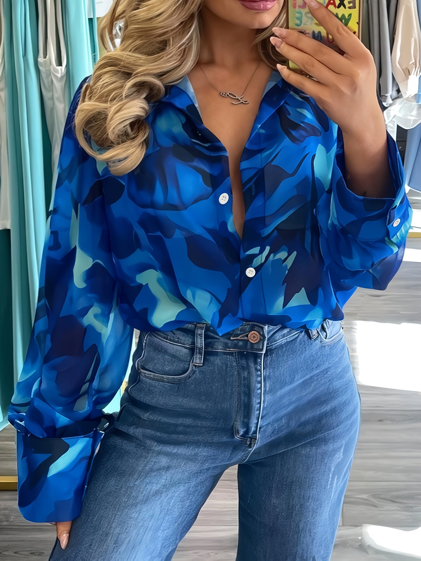 Print Women's Plus Size Blouse - Long Sleeve Button-Up Shirt with Lapel Collar, Casual & Travel-Ready for Spring/Summer, Vacation Clothing | Smooth Texture Fabric