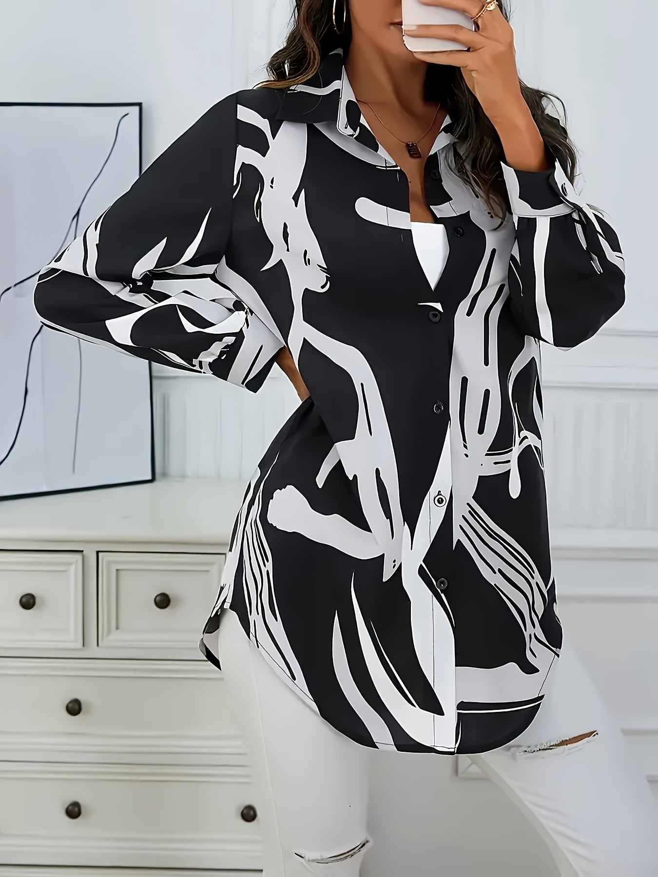 Plus Size, Women's Elegant Plus Size Long Sleeve Blouse - Black & White Abstract, Button-Front Shirt with Asymmetrical Hem, Non-Stretch Office & Casual Tops for Women (Machine Washable) - Spring/Fall/Summer Everyday & Formal