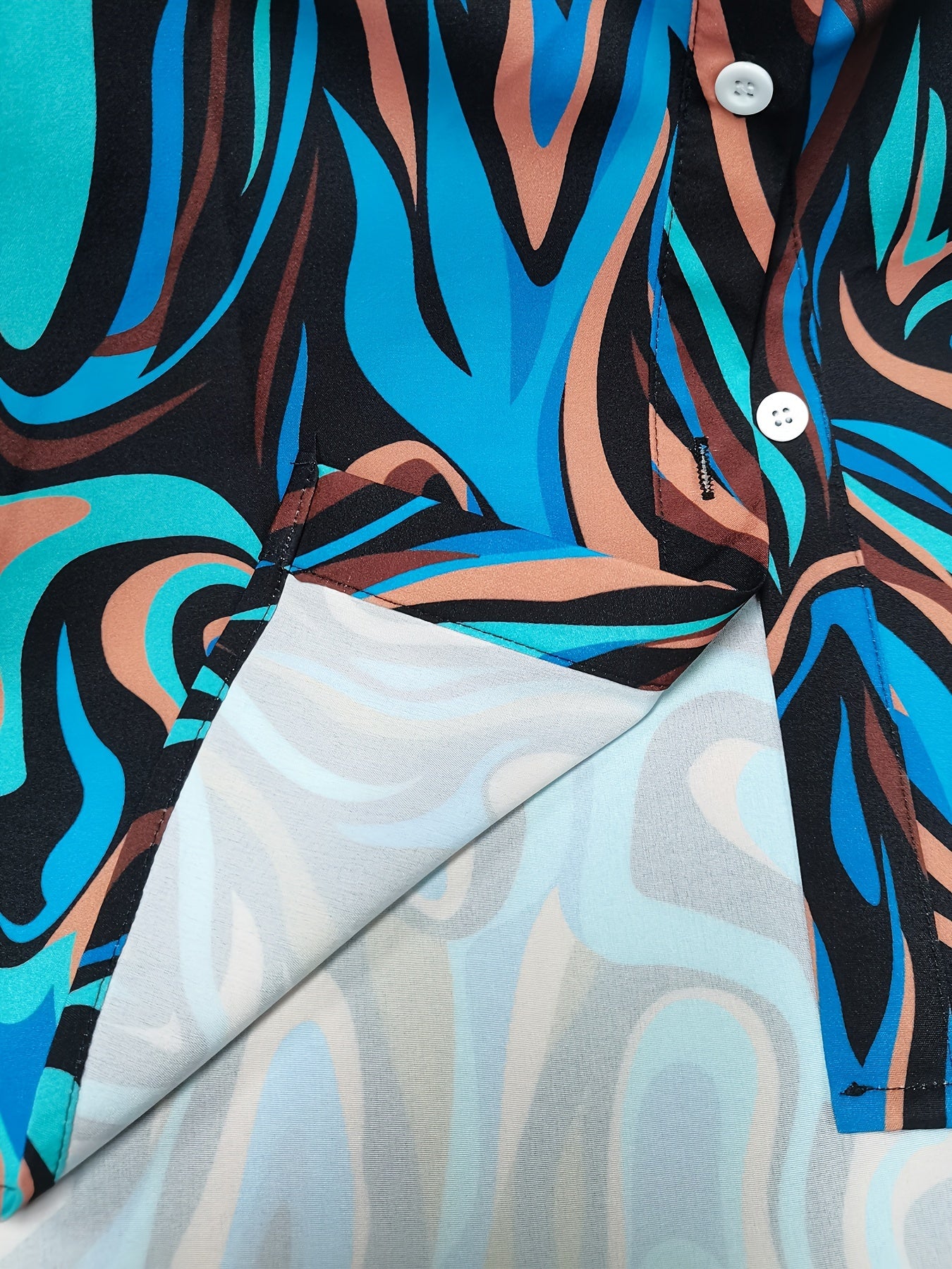 Chemisier élégant pour femme à imprimé abstrait bleu et brun – manches longues, coupe ample, polyester, tissu non extensible pour le printemps / l’automne – chemise chic à imprimé baroque numérique.