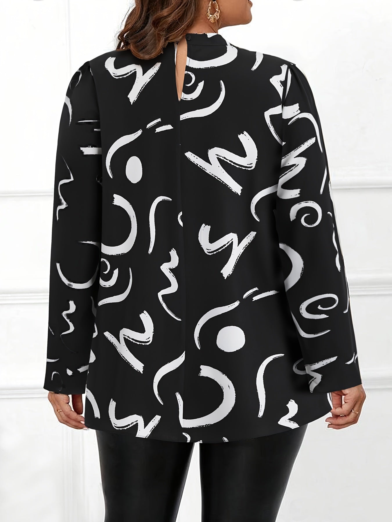 Print Plus-Size Women's Top with Stand Collar and Chic Abstract Print - Loose Fit, Long Sleeve, Machine Washable - Black & White, Plus Size Blouse