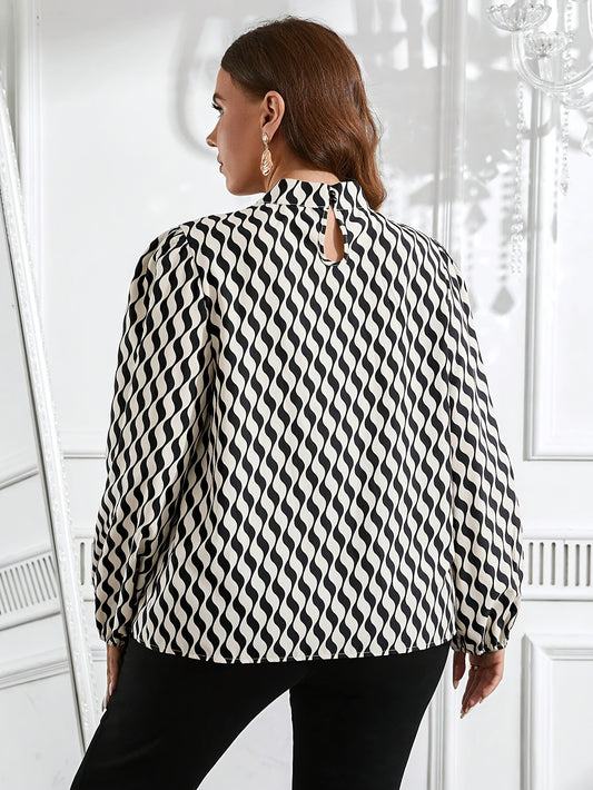 💠 Chemisier Élégant à Motif Géométrique – Manches Longues et Détail Croisé au Col
