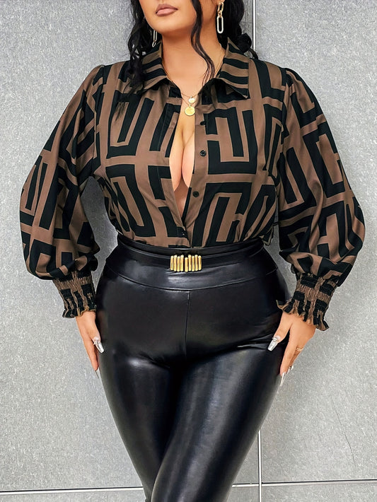 Plus Size Geo Print Button Front Shirt, Elegant Long Sleeve Shirt For Spring, Women's Plus Size Clothing
