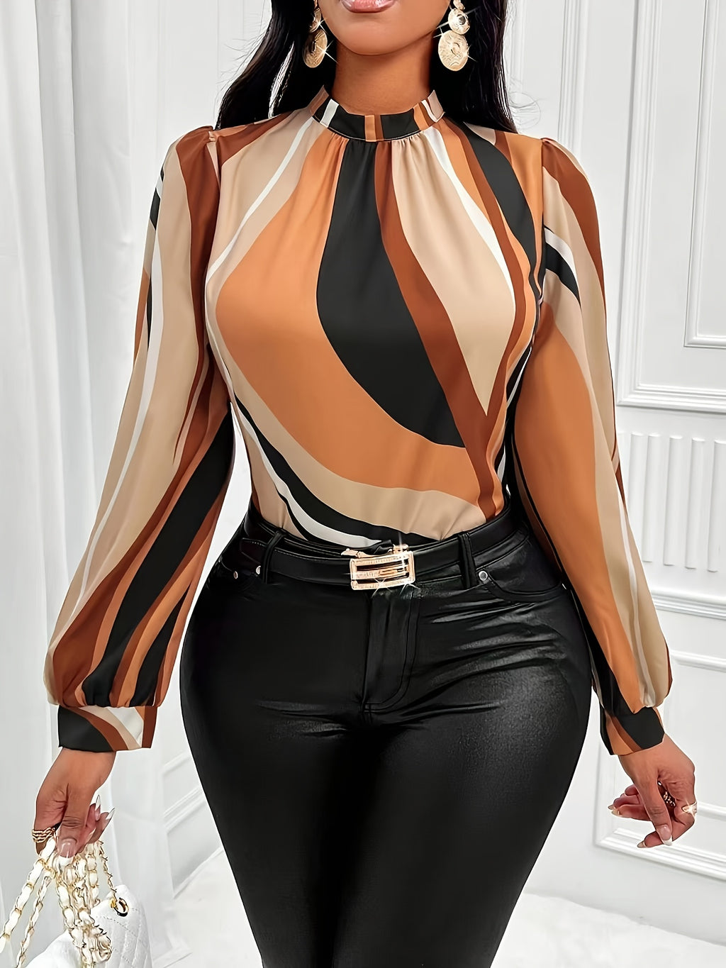 ⚜️ Blouse à Col Montant Imprimée à Rayures – Manches Lanternes Élégantes pour Femme