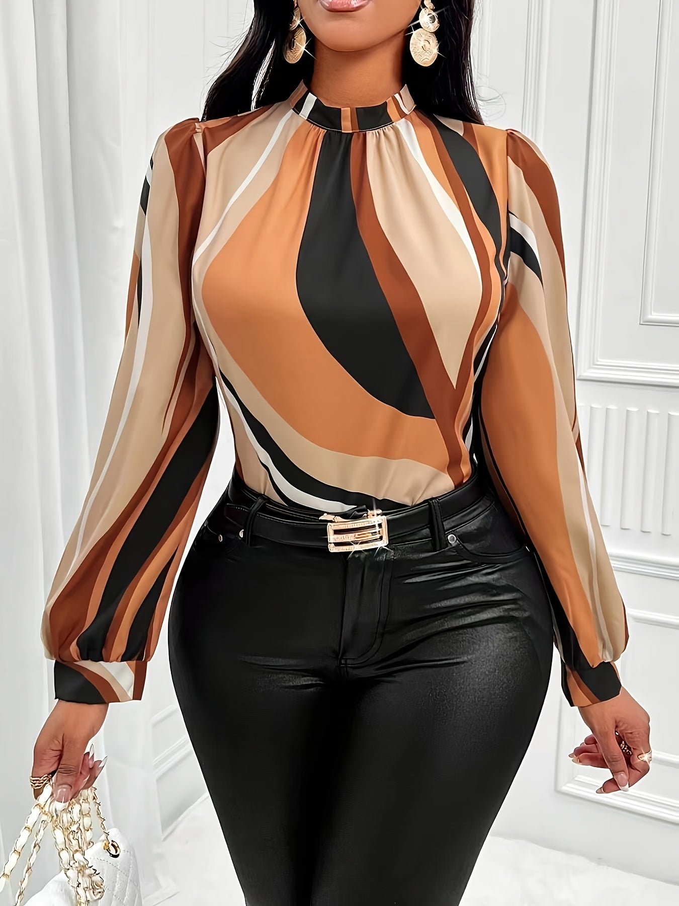 ⚜️ Blouse à Col Montant Imprimée à Rayures – Manches Lanternes Élégantes pour Femme