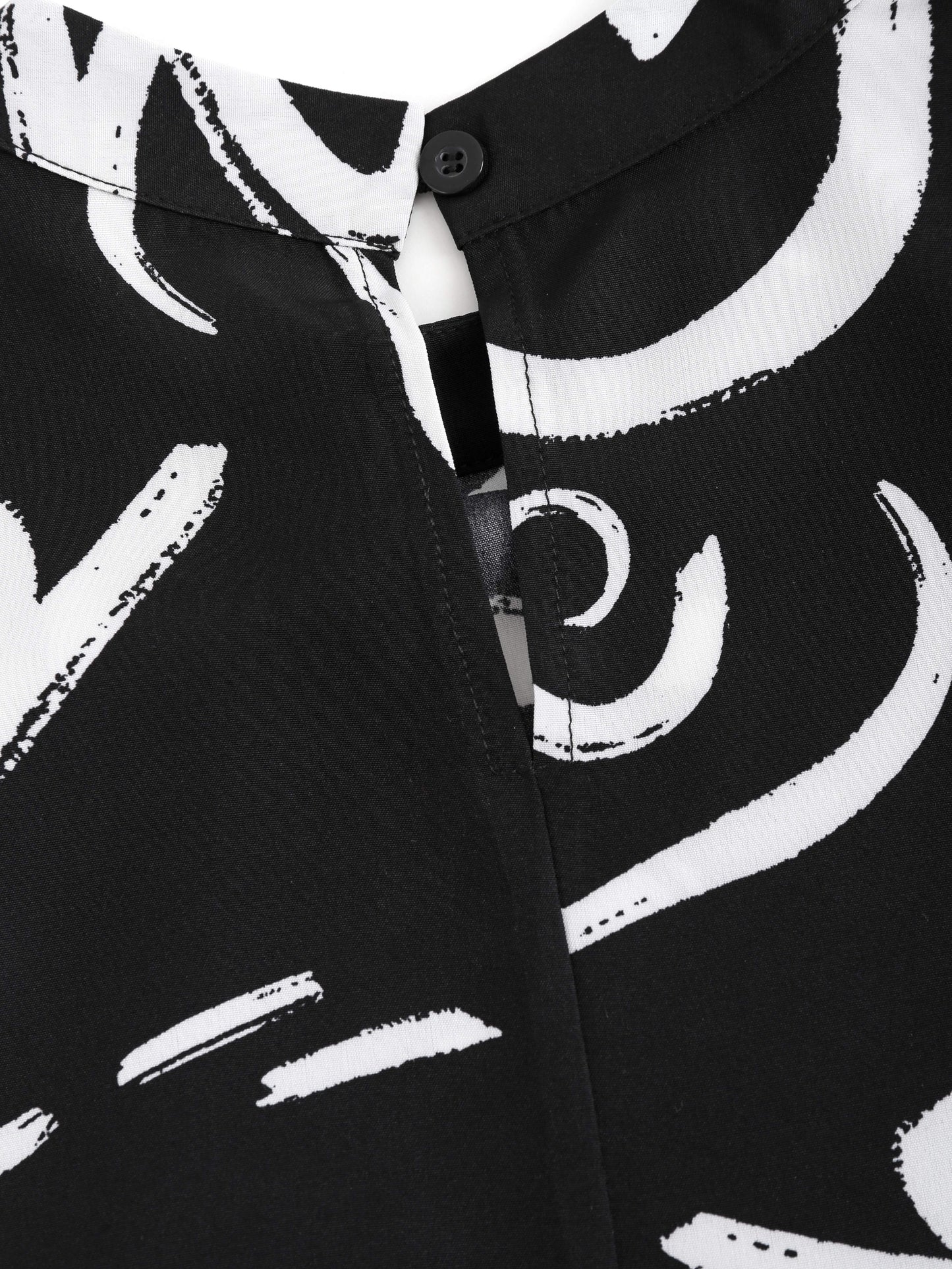 Print Plus-Size Women's Top with Stand Collar and Chic Abstract Print - Loose Fit, Long Sleeve, Machine Washable - Black & White, Plus Size Blouse