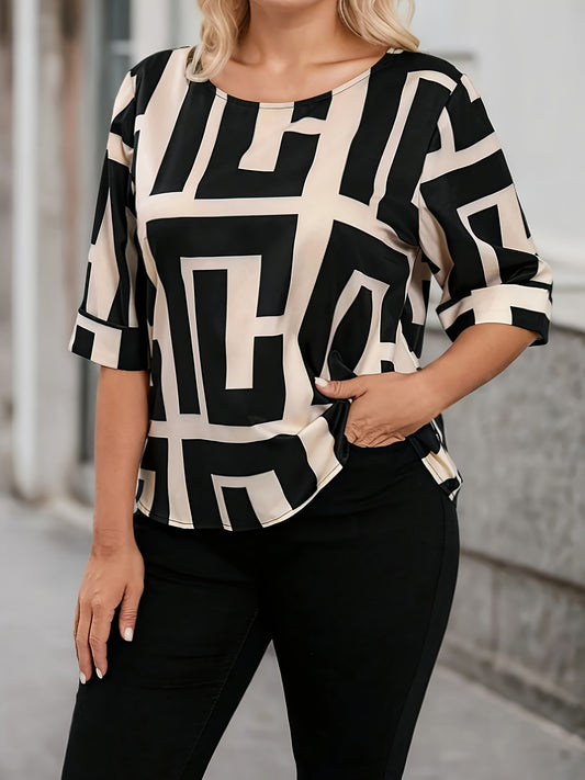 ⚜️ Blouse Élégante à Imprimé Géométrique pour Femme – Col Rond Noir et Beige