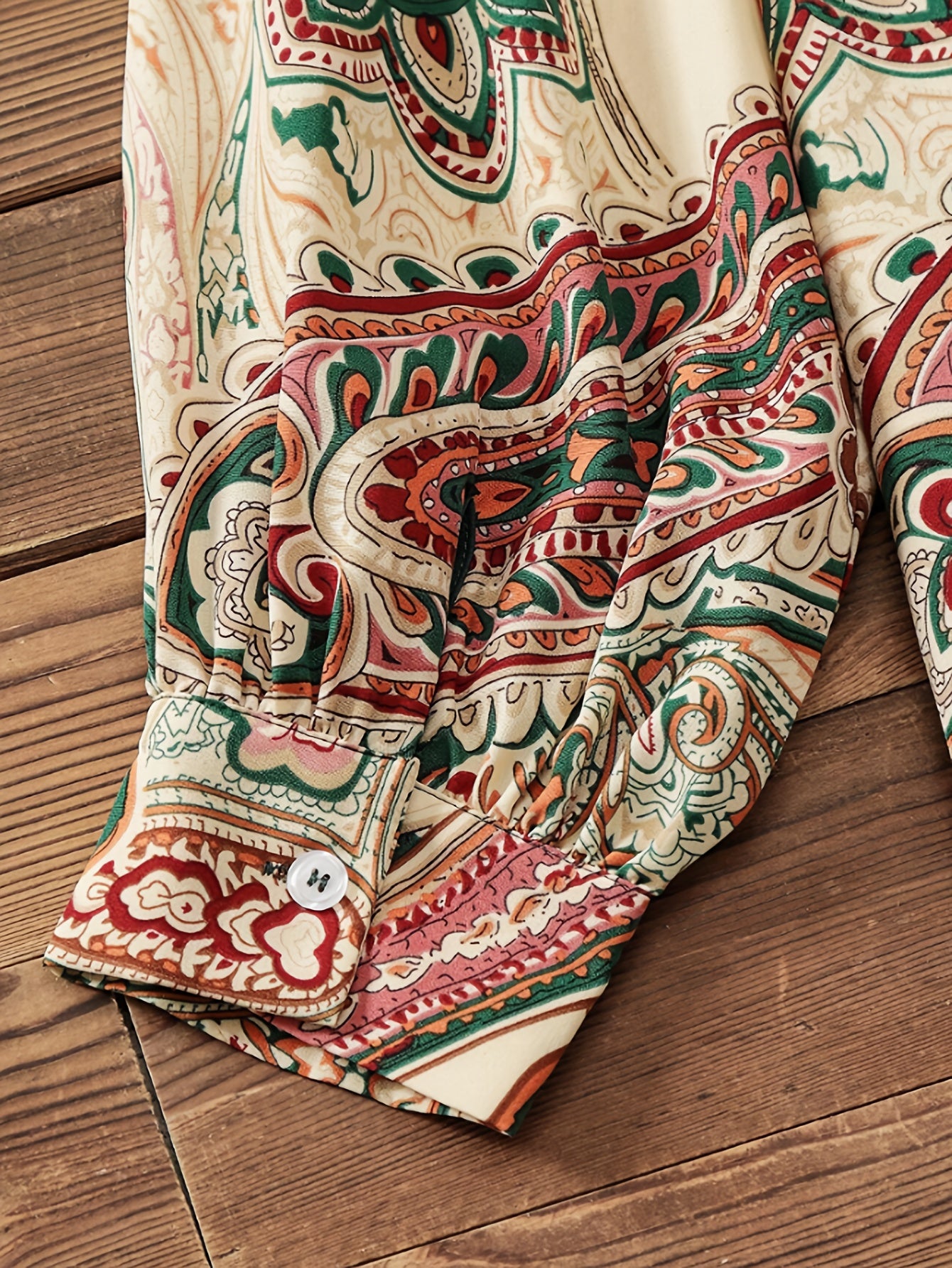 Elegant Plus Size Women's Blouse with Unique Paisley Print - Long Sleeve, Button-Up, Non-Stretch Polyester - Machine Washable