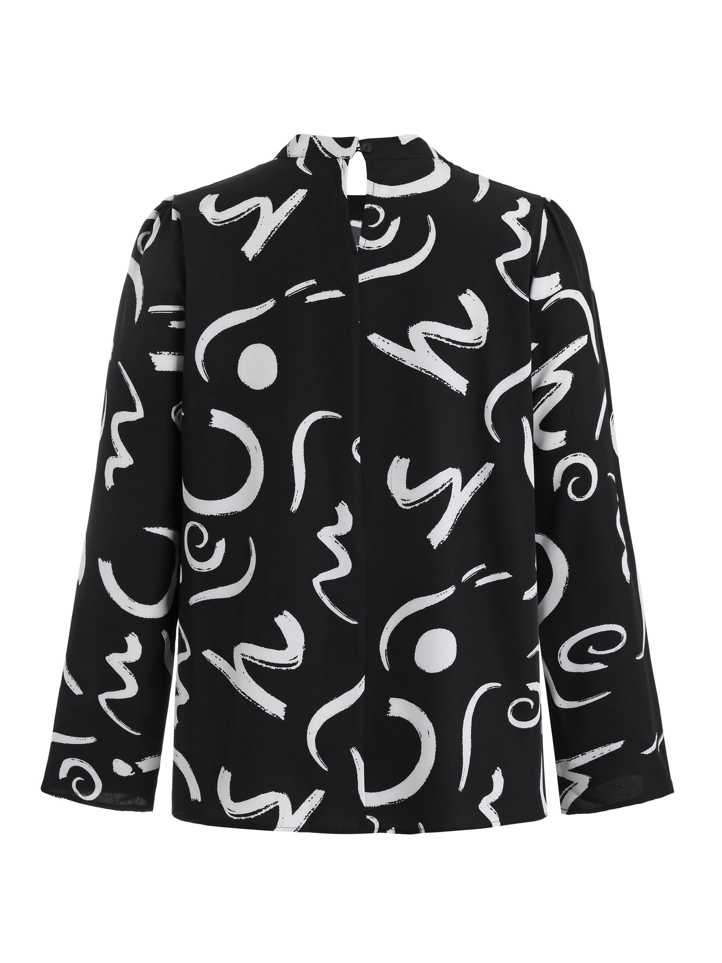 Print Plus-Size Women's Top with Stand Collar and Chic Abstract Print - Loose Fit, Long Sleeve, Machine Washable - Black & White, Plus Size Blouse